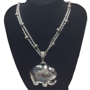 Vintage Silver-Tone Elephant Pendant On A Double Silver Tone Chain
